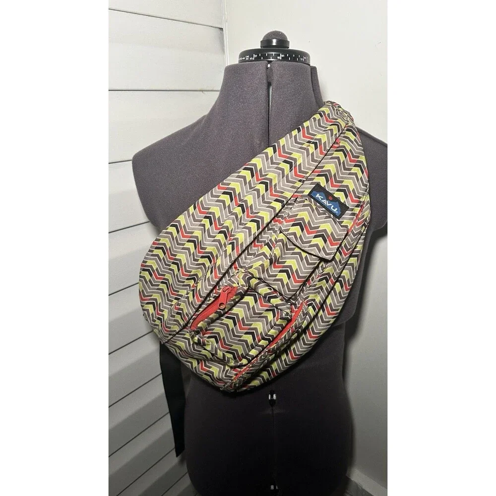 Kavu Rope Sling Crossbody Bag Geometric Print Multi-Pocket Hike Travel Teal Gray